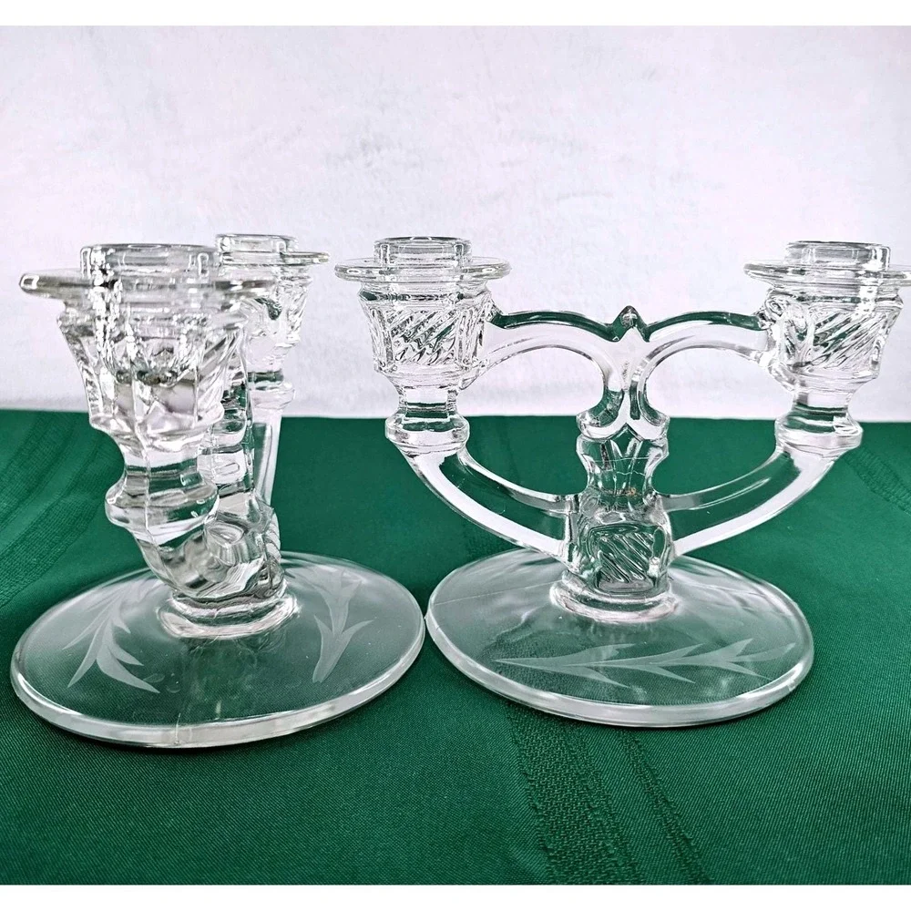 Pair Vintage Etched Glass Taper Candle Holders Double Arm Candelabra Crystal‎